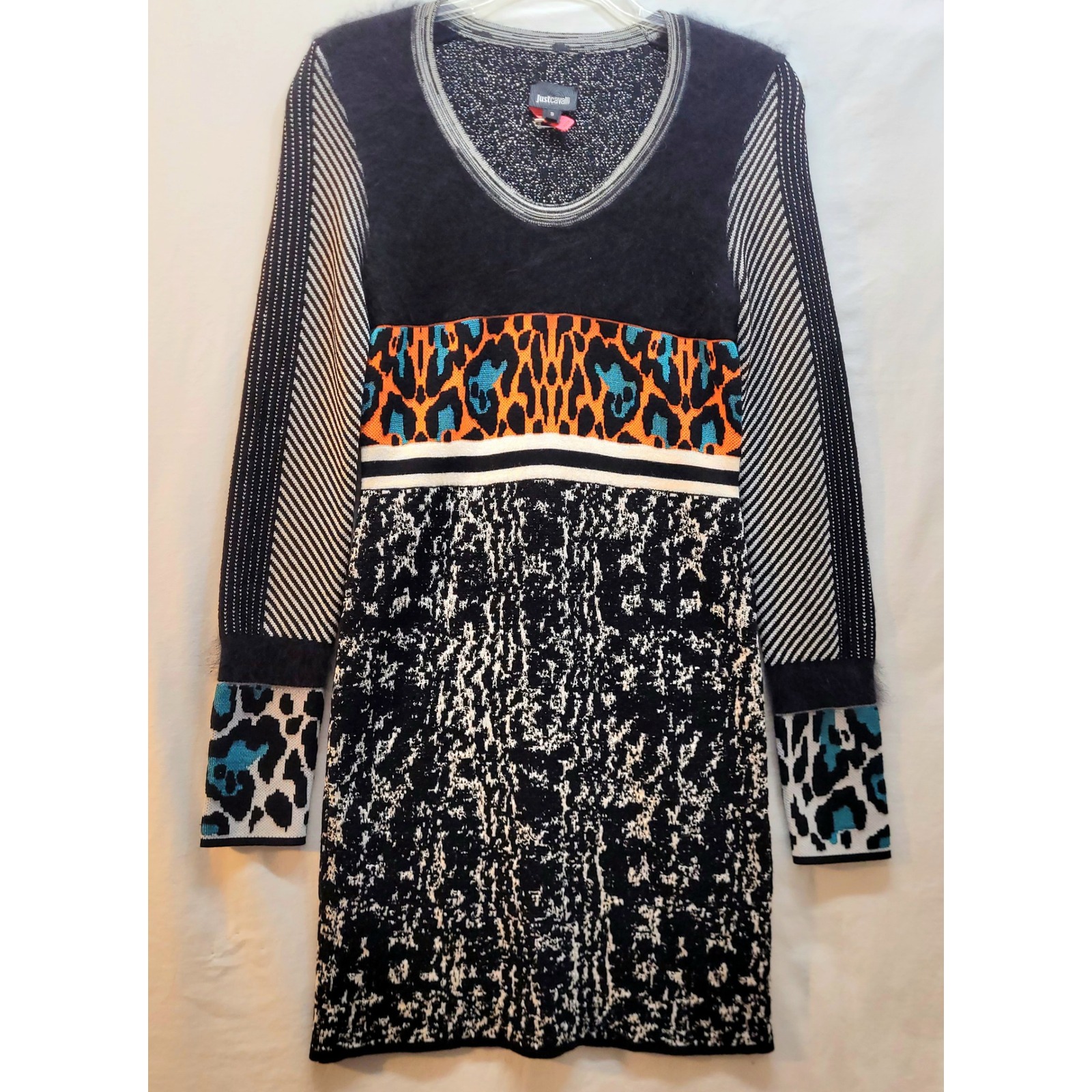 Just Cavalli Mixed Print Wool Angora Knit Mini Dress Leopard Stripe Black Small